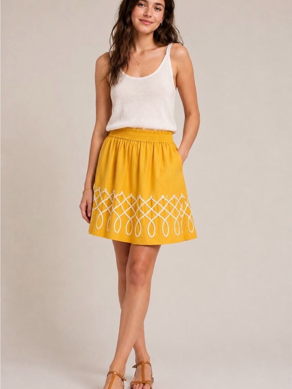 Embroidered A-Line Mini Skirt in Mustard Yellow
